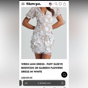 Showpo WREN MINI DRESS - PUFF SLEEVE BODYCON 3D GARDEN FLOWERS DRESS IN WHITE